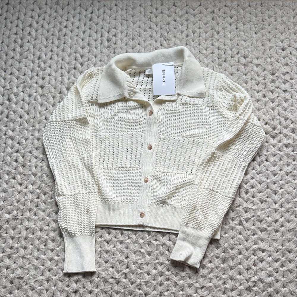 FRAME Cream Open-Knit Collared Cardigan